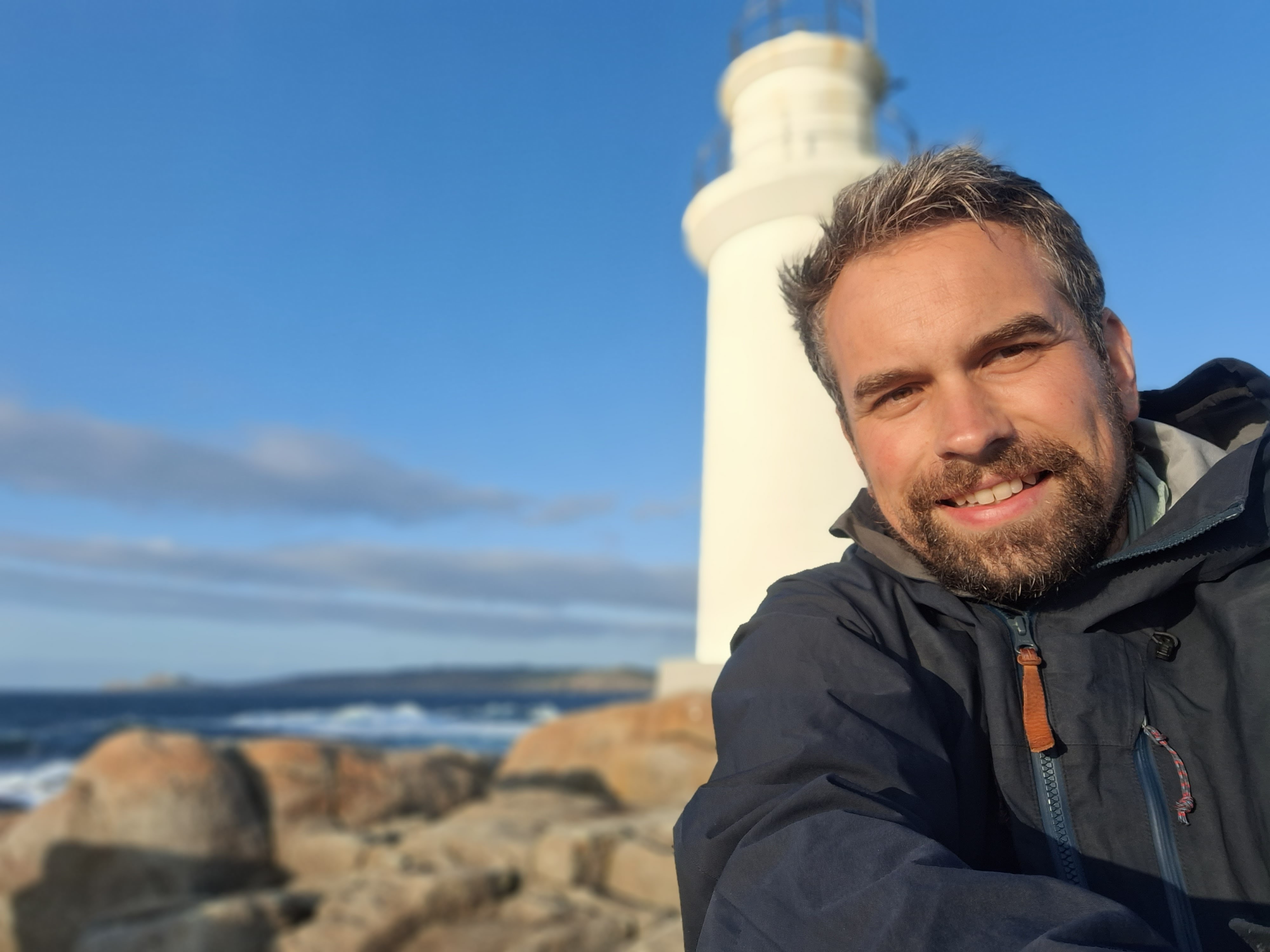 Herbert Klinkvis at a lighthouse on the Atlantic coast